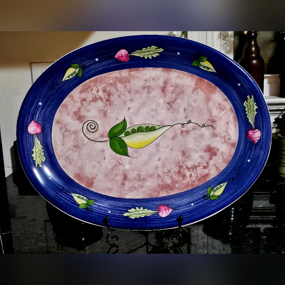 Blue and Pink Oval Platter with Pea Pod Design